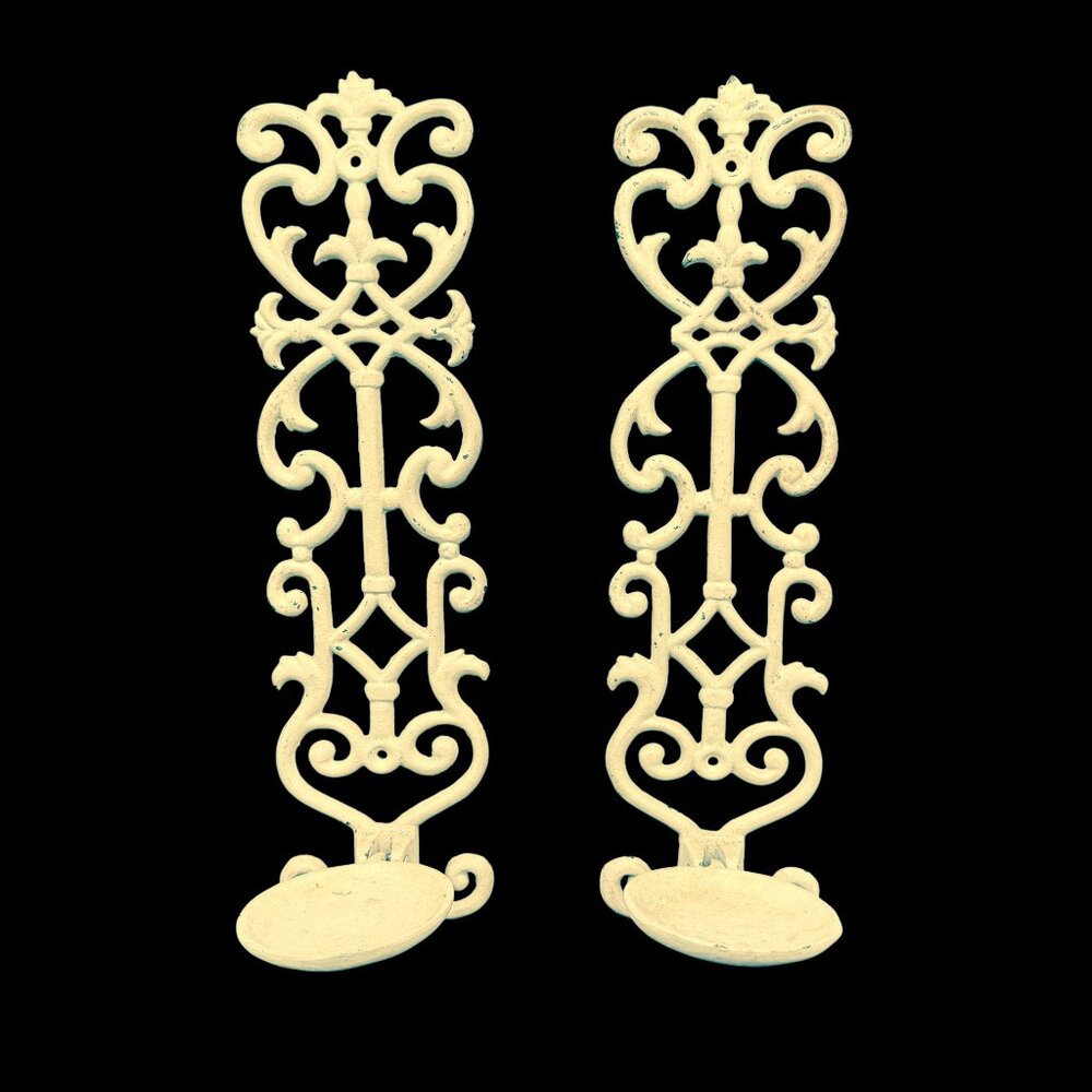 Vintage Painted Cast Iron Wall Candle Holders Yellow Cream Distressed Eclectic